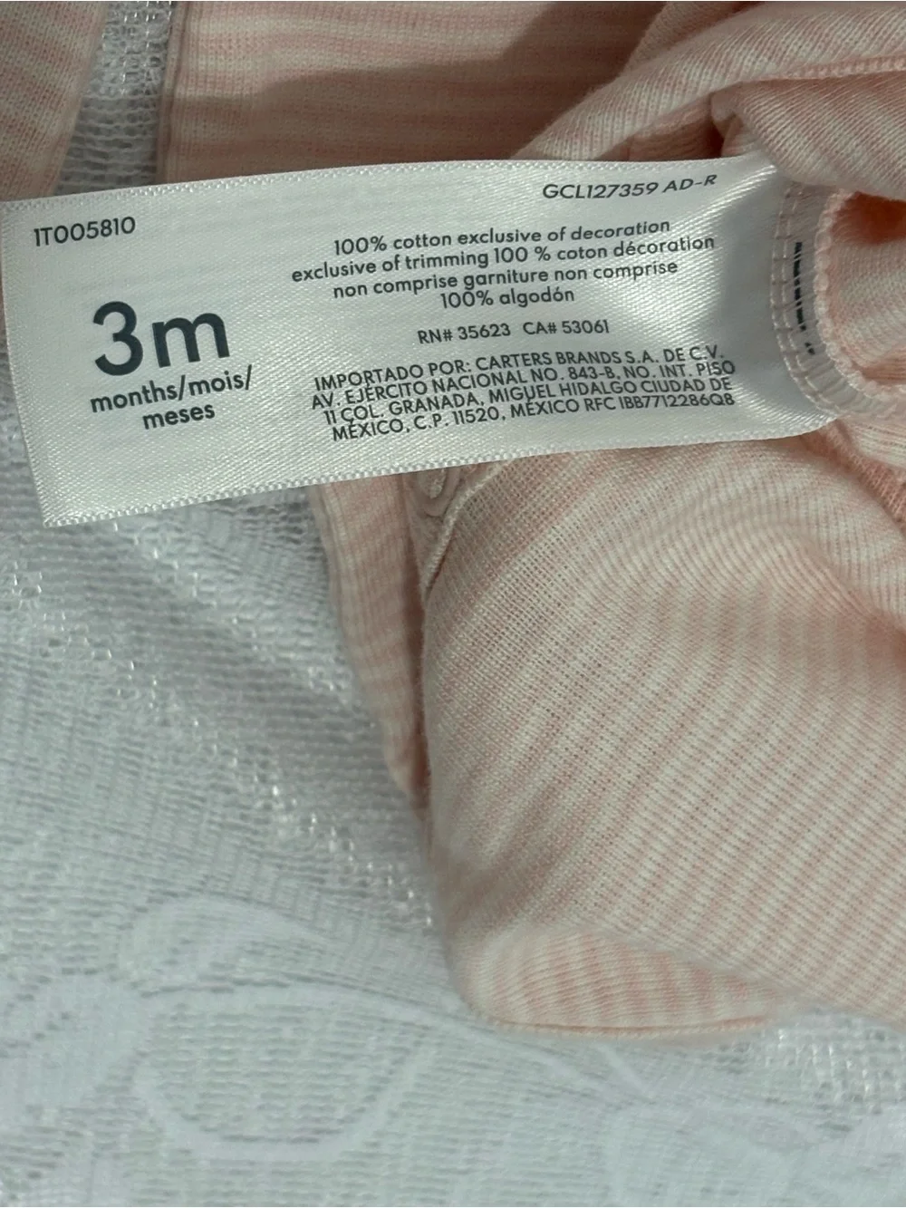 NWT Carter's Pale Pink Striped Long-Sleeve Baby Onsie 3m